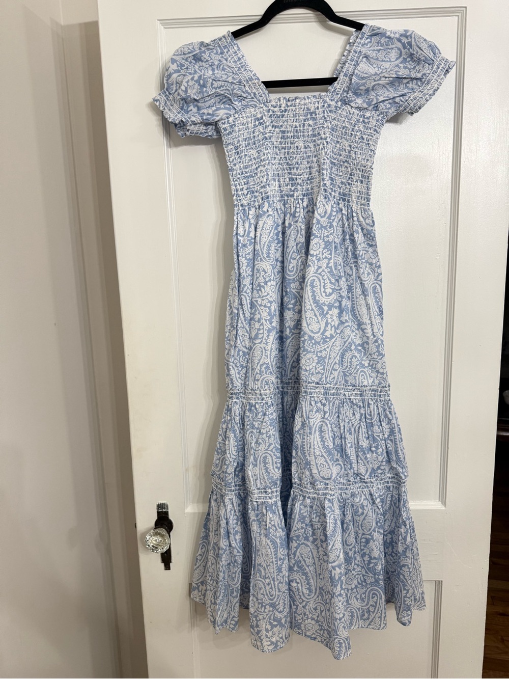 o.p.t. Square Neck Smocked Maxi Dress Blue Paisley Print Cotton Puff Sleeve XS - Picture 5 of 11